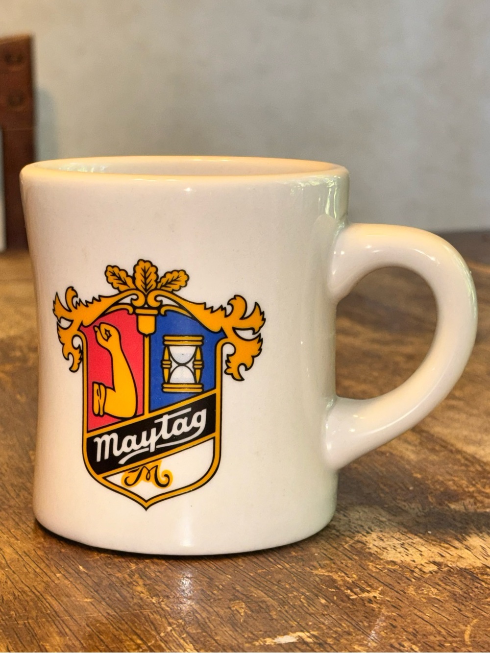 Vintage Maytag Advertising Coffee Mug Repairman Logo Crest Diner Style 4”